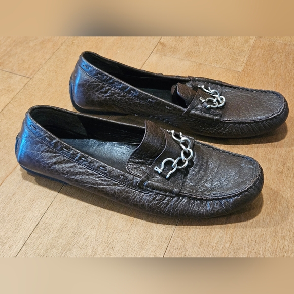 Burberry 37.5 Dark Brown Pebbled Leather Driving Loafers Silver Snaffle Bit - Picture 3 of 6